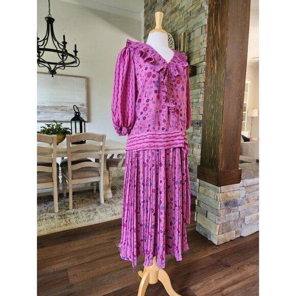 Vintage 80s Judi Michael 2 piece pleated skirt set Flapper Mixed Print Ruffle - Picture 4 of 11